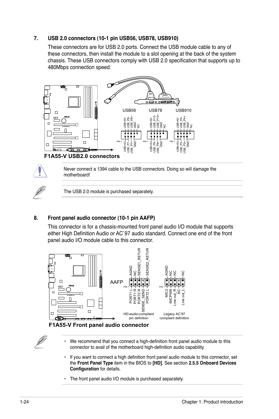 F1a55-v front panel audio connector, Aafp, Chapter 1: product introduction 1-24 | Asus F1A55-V User Manual | Page 36 / 70