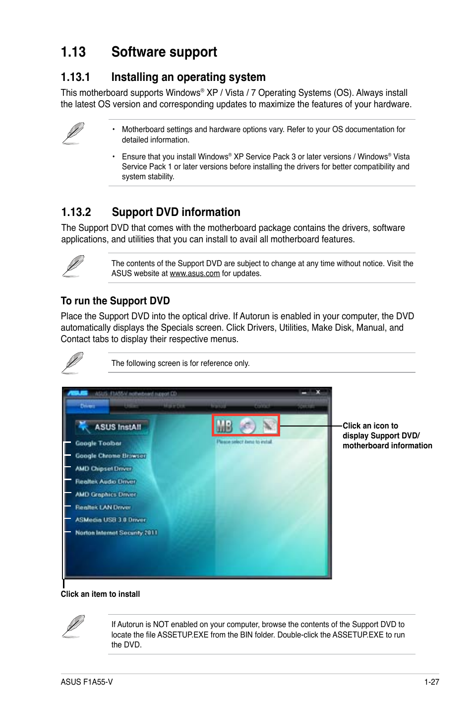 13 software support, 1 installing an operating system, 2 support dvd information | 13 software support -27 | Asus F1A55-V User Manual | Page 39 / 70