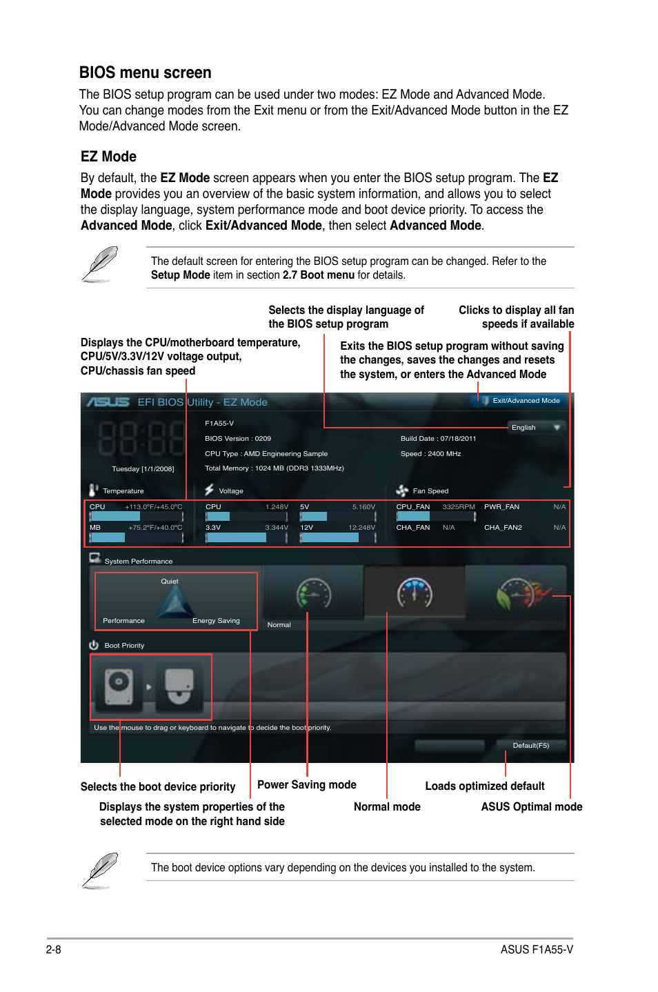 Bios menu screen, Ez mode, 8 asus f1a55-v | Asus F1A55-V User Manual | Page 48 / 70