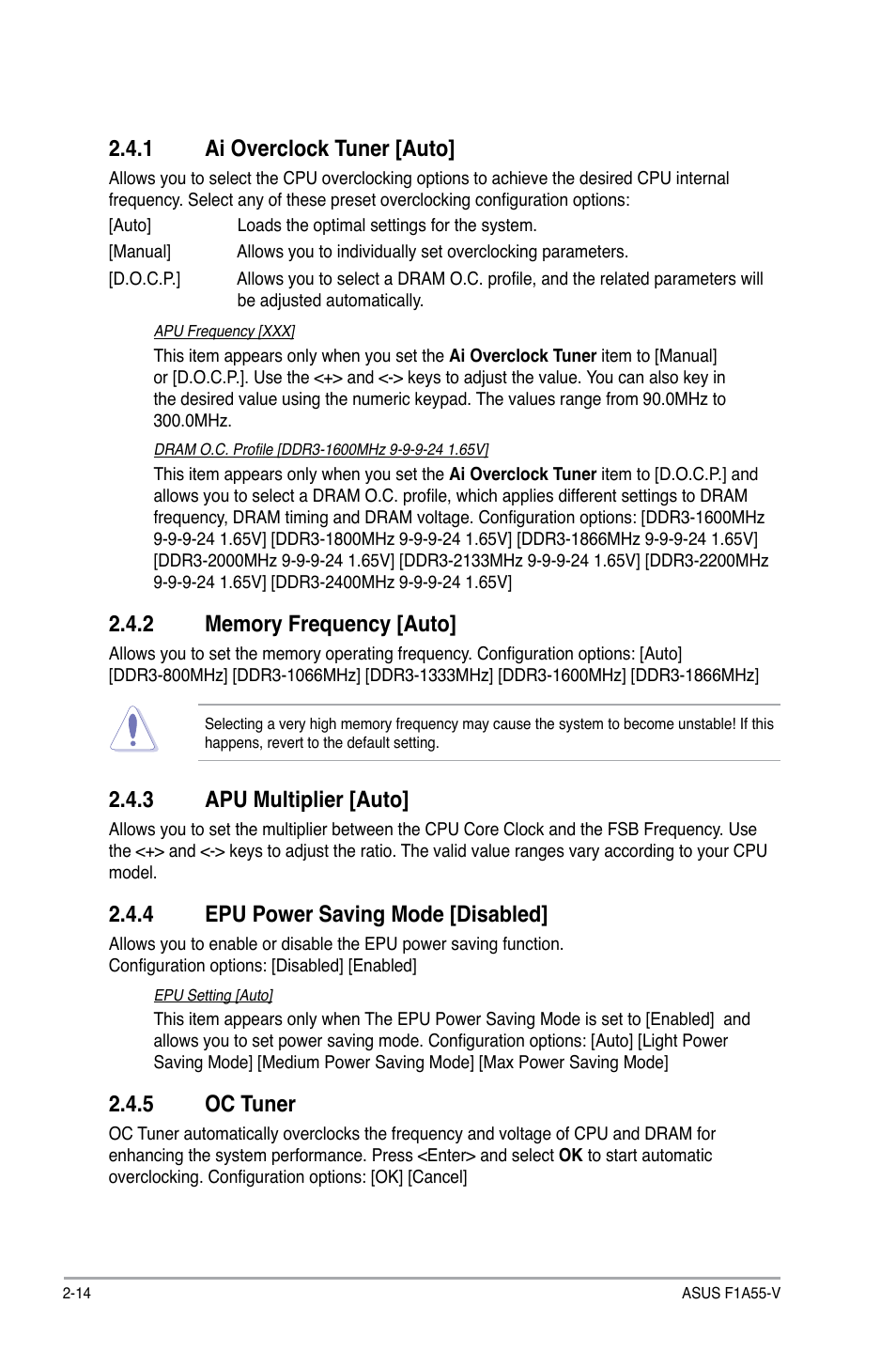 1 ai overclock tuner [auto, 2 memory frequency [auto, 3 apu multiplier [auto | 4 epu power saving mode [disabled, 5 oc tuner, Ai overclock tuner [auto] -14, Memory frequency [auto] -14, Apu multiplier [auto] -14, Epu power saving mode [disabled] -14, Oc tuner -14 | Asus F1A55-V User Manual | Page 54 / 70