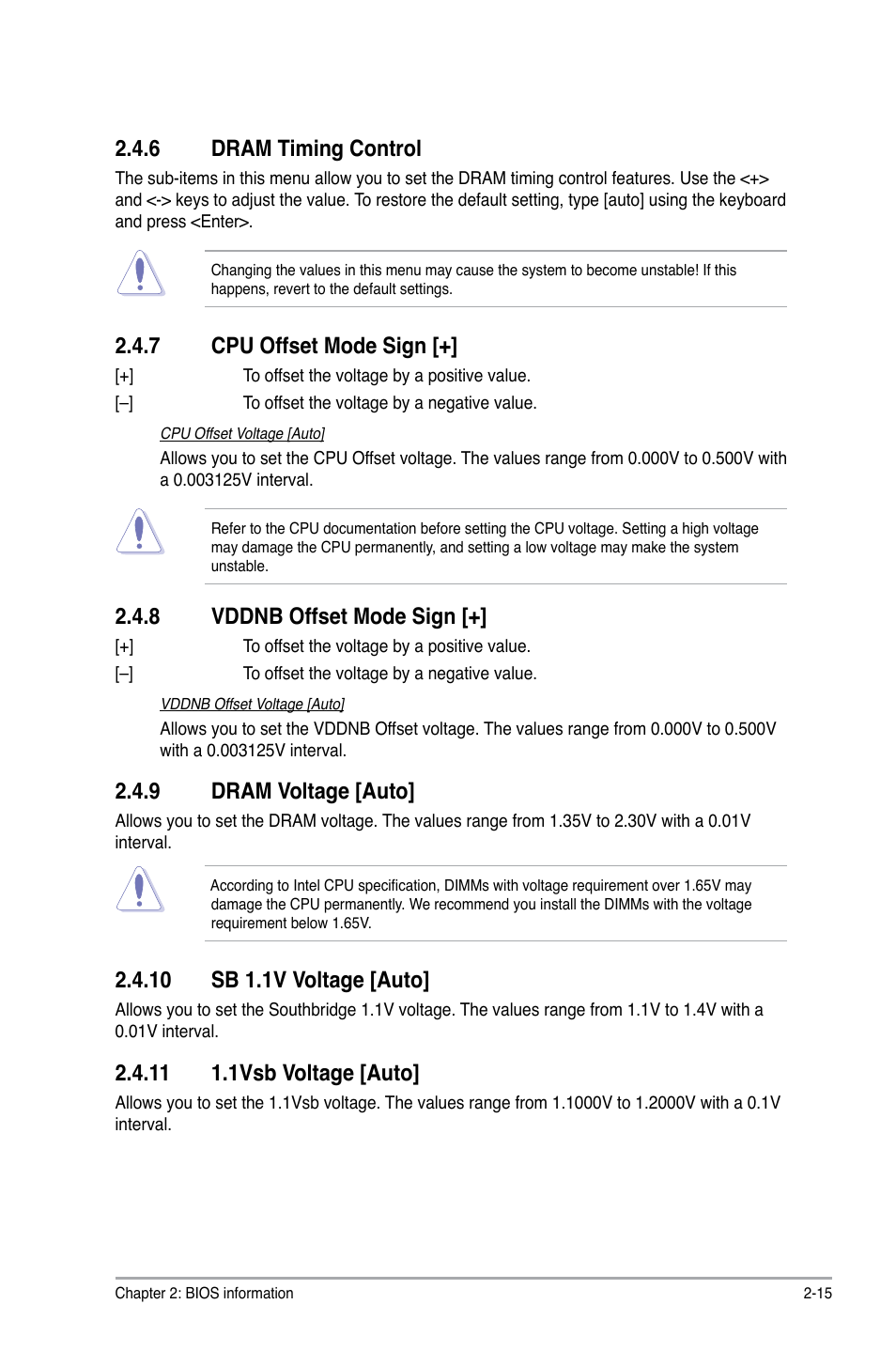 6 dram timing control, 7 cpu offset mode sign, 8 vddnb offset mode sign | 9 dram voltage [auto, 10 sb 1.1v voltage [auto, 11 1.1vsb voltage [auto, Dram timing control -15, Cpu offset mode sign [+] -15, Vddnb offset mode sign [+] -15, Dram voltage [auto] -15 | Asus F1A55-V User Manual | Page 55 / 70