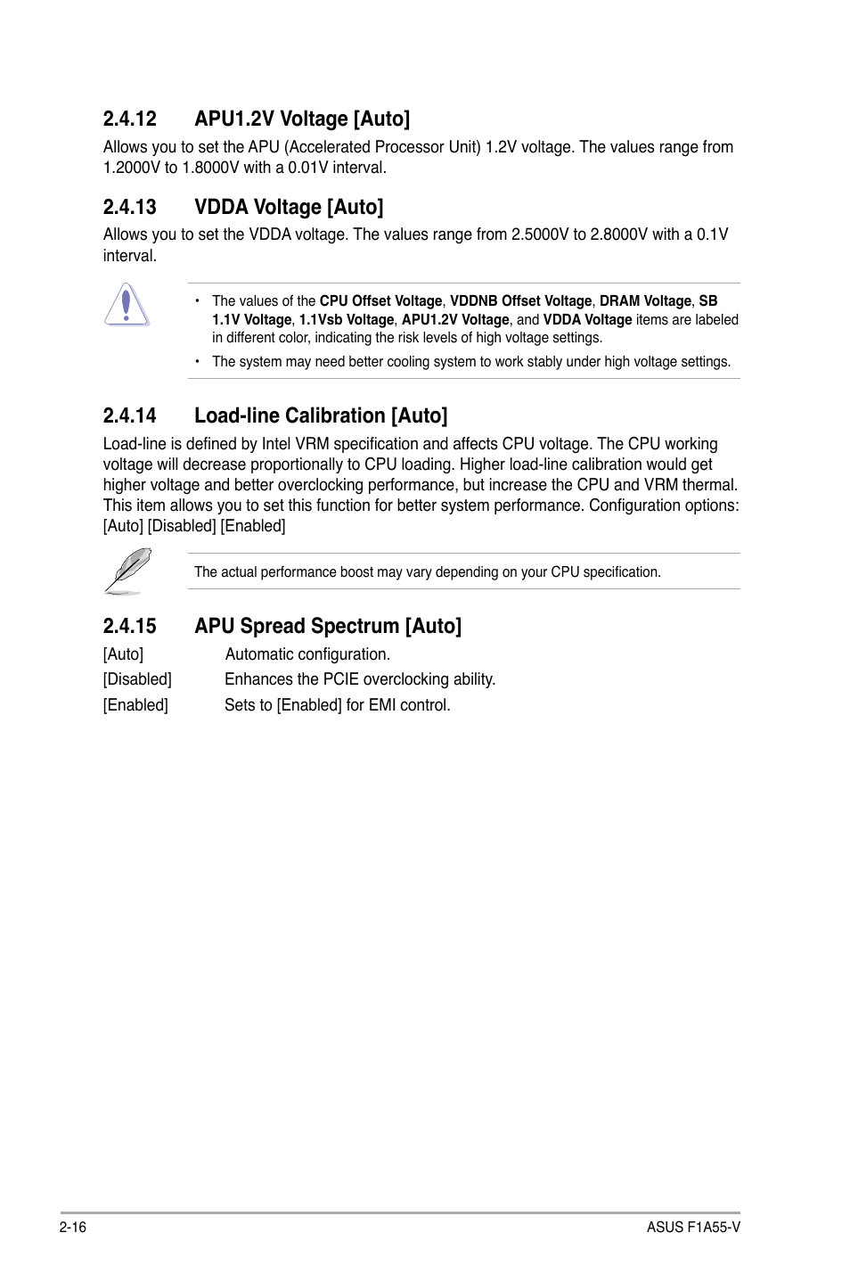 12 apu1.2v voltage [auto, 13 vdda voltage [auto, 14 load-line calibration [auto | 15 apu spread spectrum [auto | Asus F1A55-V User Manual | Page 56 / 70