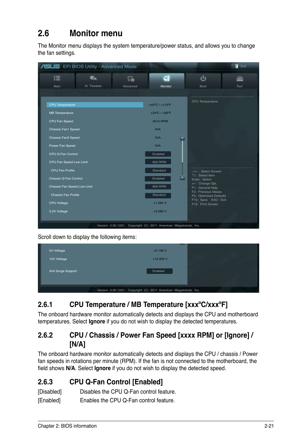 6 monitor menu, 1 cpu temperature / mb temperature [xxxºc/xxxºf, 3 cpu q-fan control [enabled | Monitor menu -21 2.6.1, Cpu temperature / mb temperature [xxxºc/xxxºf] -21, Cpu / chassis / power, Speed [xxxx rpm] or, Ignore] / [n/a] -21, Cpu q-fan control [enabled] -21, Scroll down to display the following items | Asus F1A55-V User Manual | Page 61 / 70