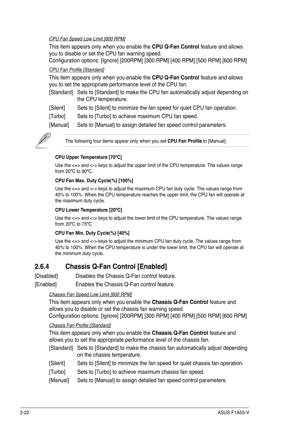 4 chassis q-fan control [enabled, Chassis q-fan control [enabled] -22 | Asus F1A55-V User Manual | Page 62 / 70
