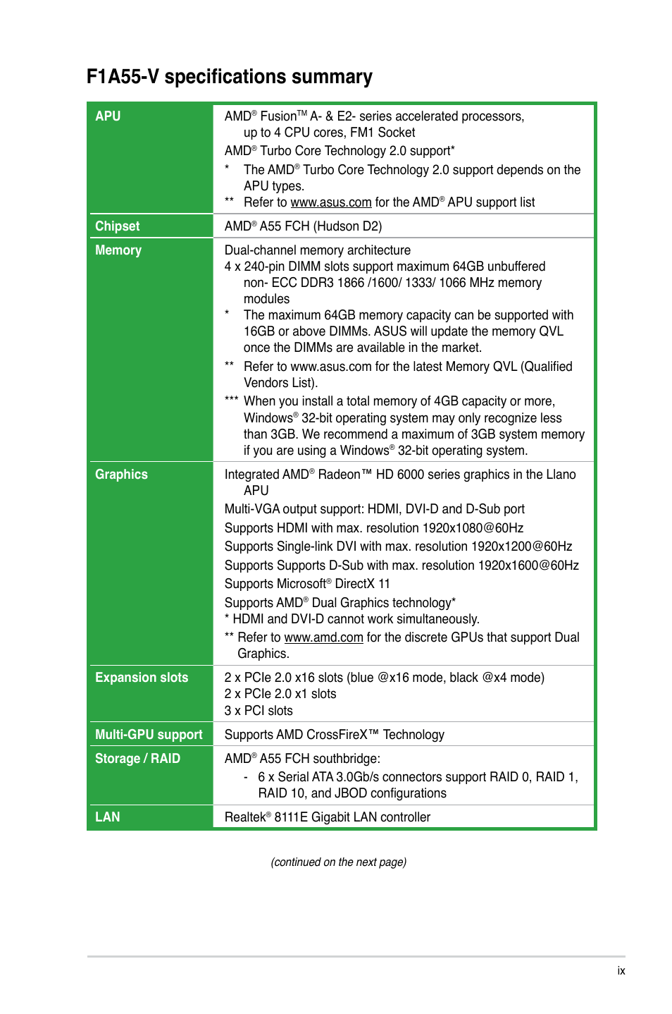 F1a55-v specifications summary | Asus F1A55-V User Manual | Page 9 / 70