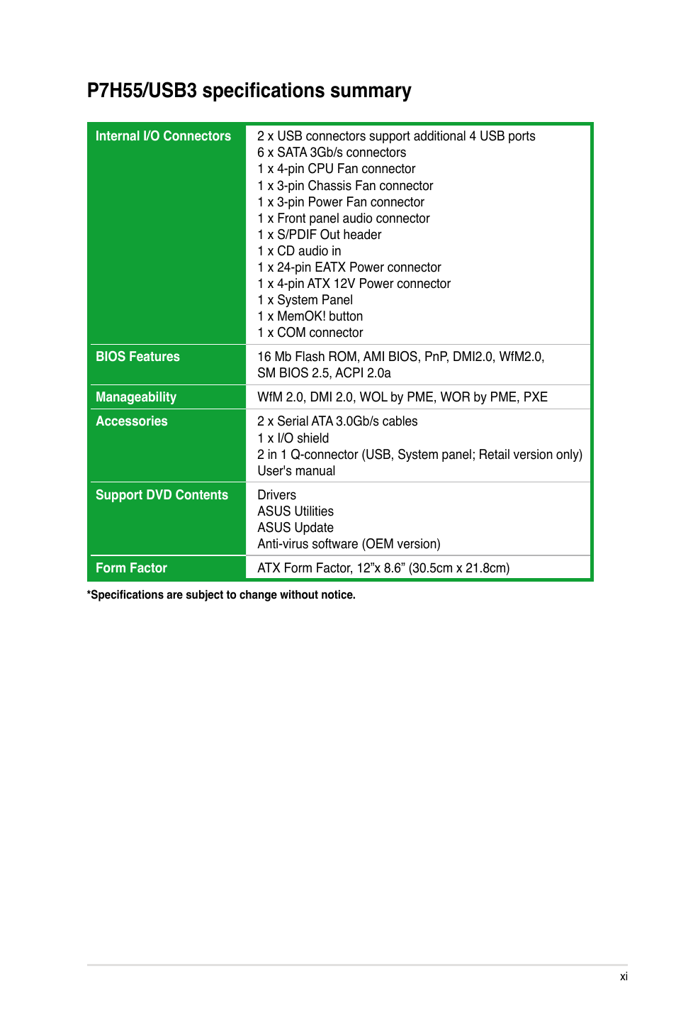 P7h55/usb3 specifications summary | Asus P7H55/USB3 User Manual | Page 11 / 70