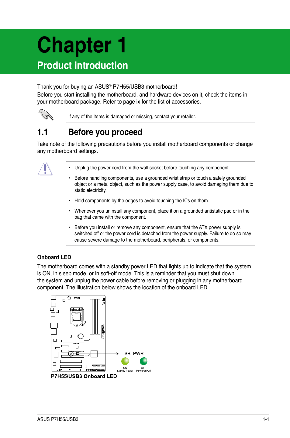 Chapter 1: product introduction, 1 before you proceed, Chapter 1 | Product introduction, Before you proceed -1 | Asus P7H55/USB3 User Manual | Page 13 / 70