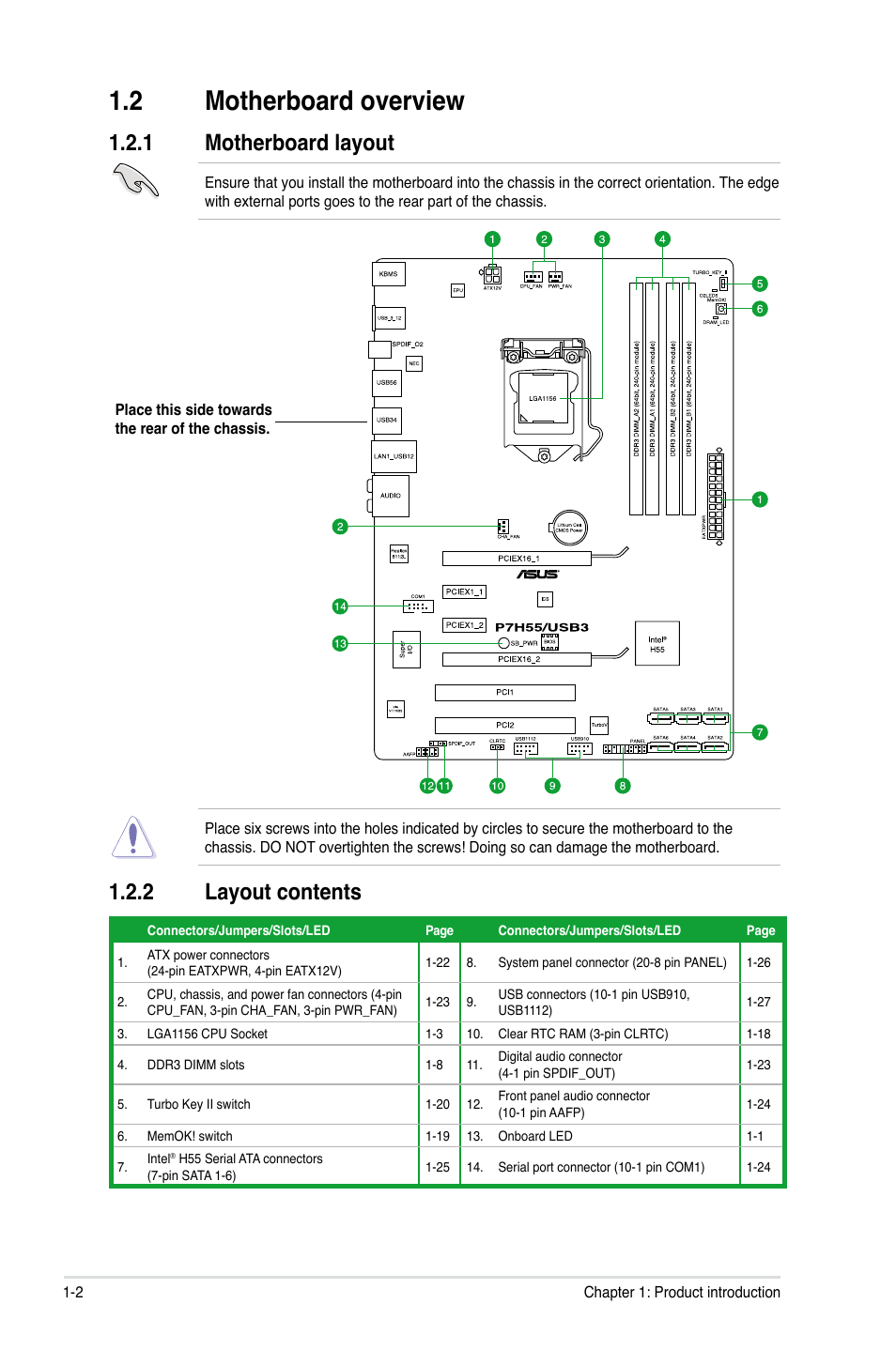 2 motherboard overview, 1 motherboard layout, 2 layout contents | Motherboard overview -2 1.2.1, Motherboard layout -2, Layout contents -2 | Asus P7H55/USB3 User Manual | Page 14 / 70