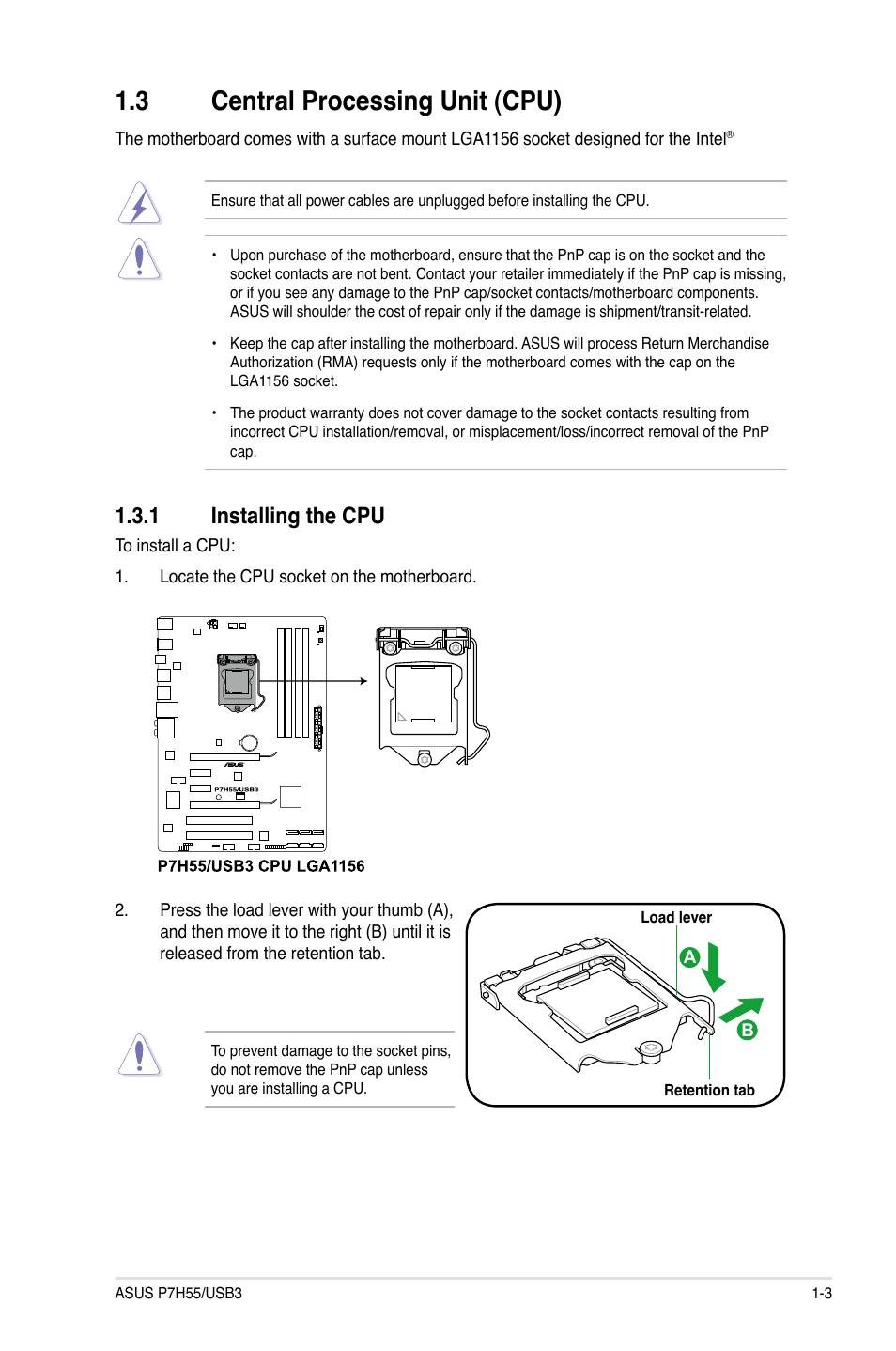 3 central processing unit (cpu), 1 installing the cpu, Central processing unit (cpu) -3 1.3.1 | Installing the cpu -3 | Asus P7H55/USB3 User Manual | Page 15 / 70