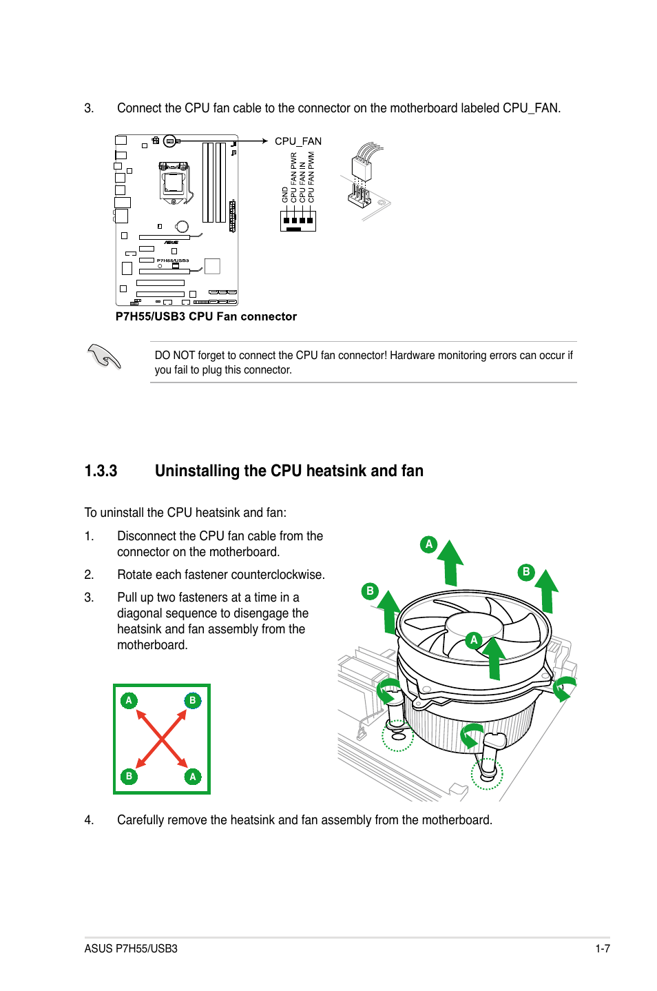 3 uninstalling the cpu heatsink and fan, Uninstalling the cpu heatsink and fan -7 | Asus P7H55/USB3 User Manual | Page 19 / 70