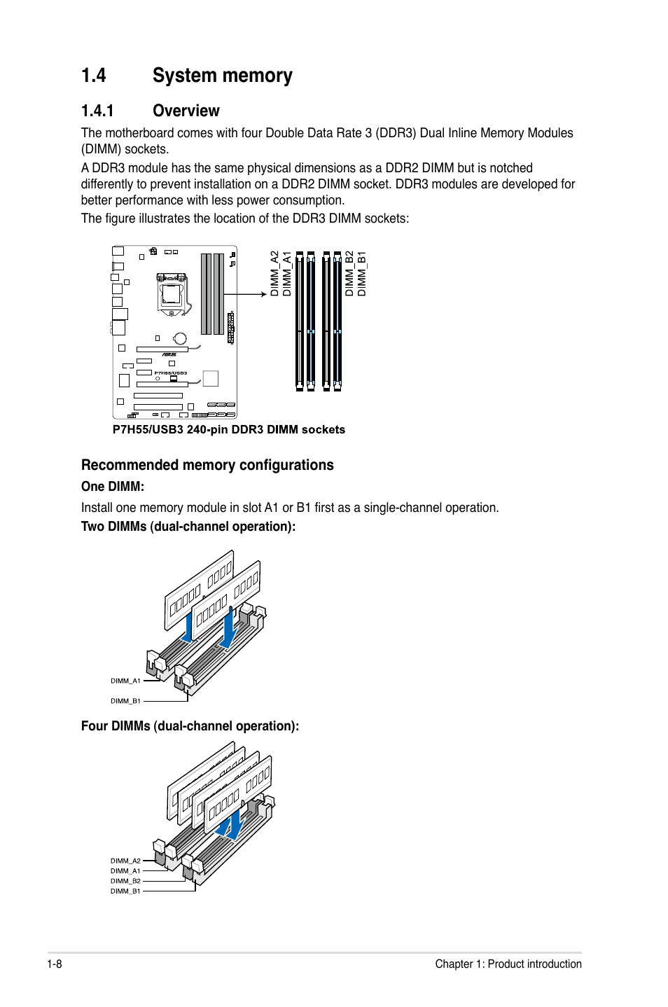 4 system memory, 1 overview, System memory -8 1.4.1 | Overview -8 | Asus P7H55/USB3 User Manual | Page 20 / 70