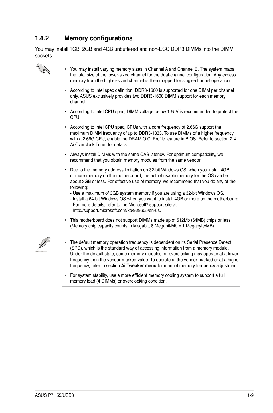 2 memory configurations, Memory configurations -9 | Asus P7H55/USB3 User Manual | Page 21 / 70