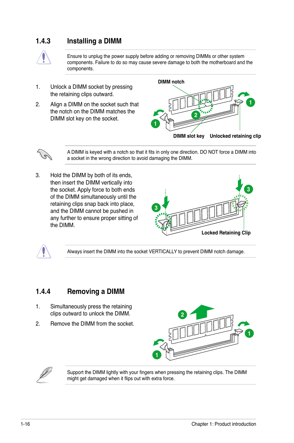 3 installing a dimm, 4 removing a dimm, Installing a dimm -16 | Removing a dimm -16 | Asus P7H55/USB3 User Manual | Page 28 / 70