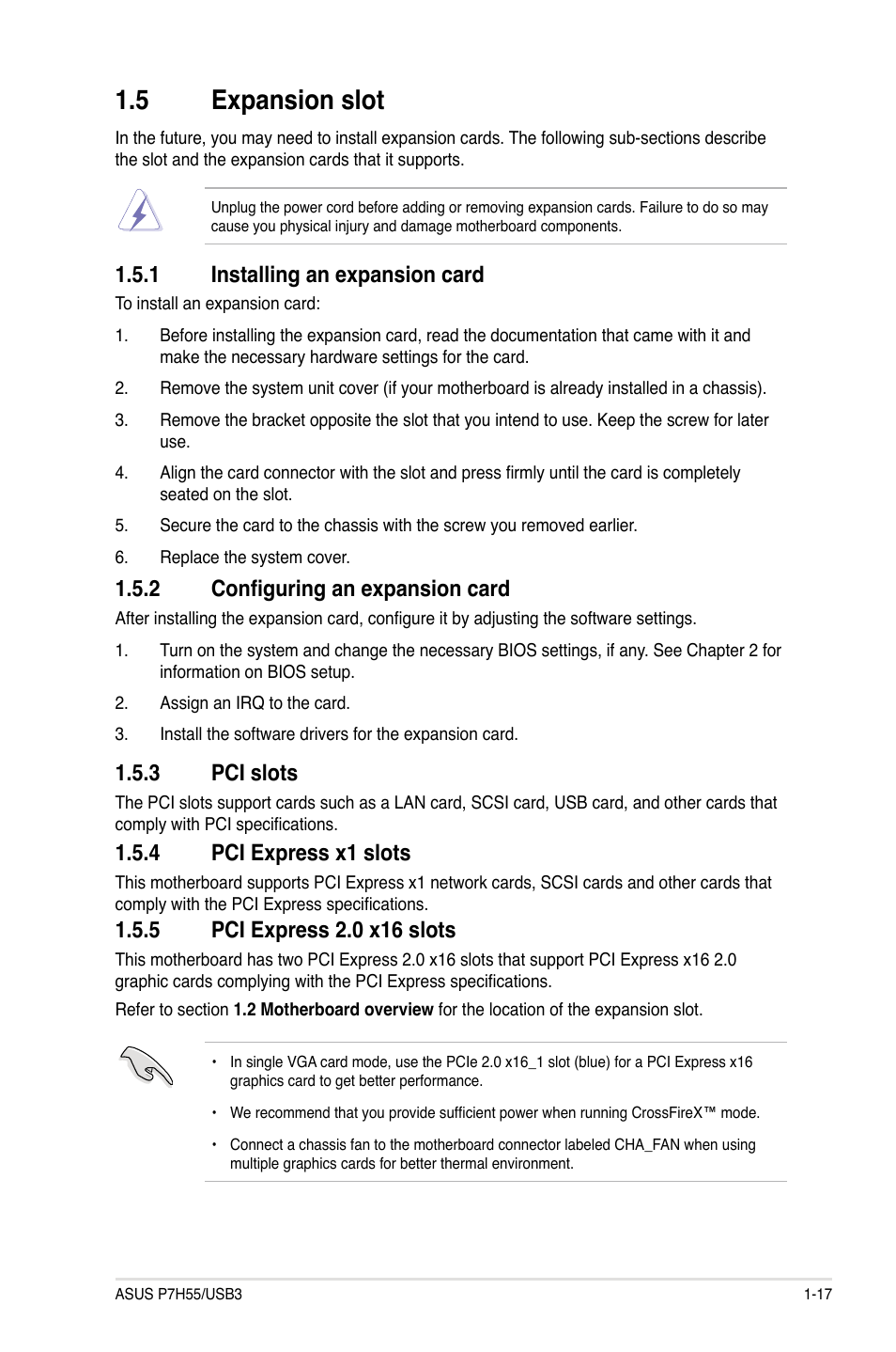 5 expansion slot, 1 installing an expansion card, 2 configuring an expansion card | 3 pci slots, 4 pci express x1 slots, 5 pci express 2.0 x16 slots, Expansion slot -17 1.5.1, Installing an expansion card -17, Configuring an expansion card -17, Pci slots -17 | Asus P7H55/USB3 User Manual | Page 29 / 70