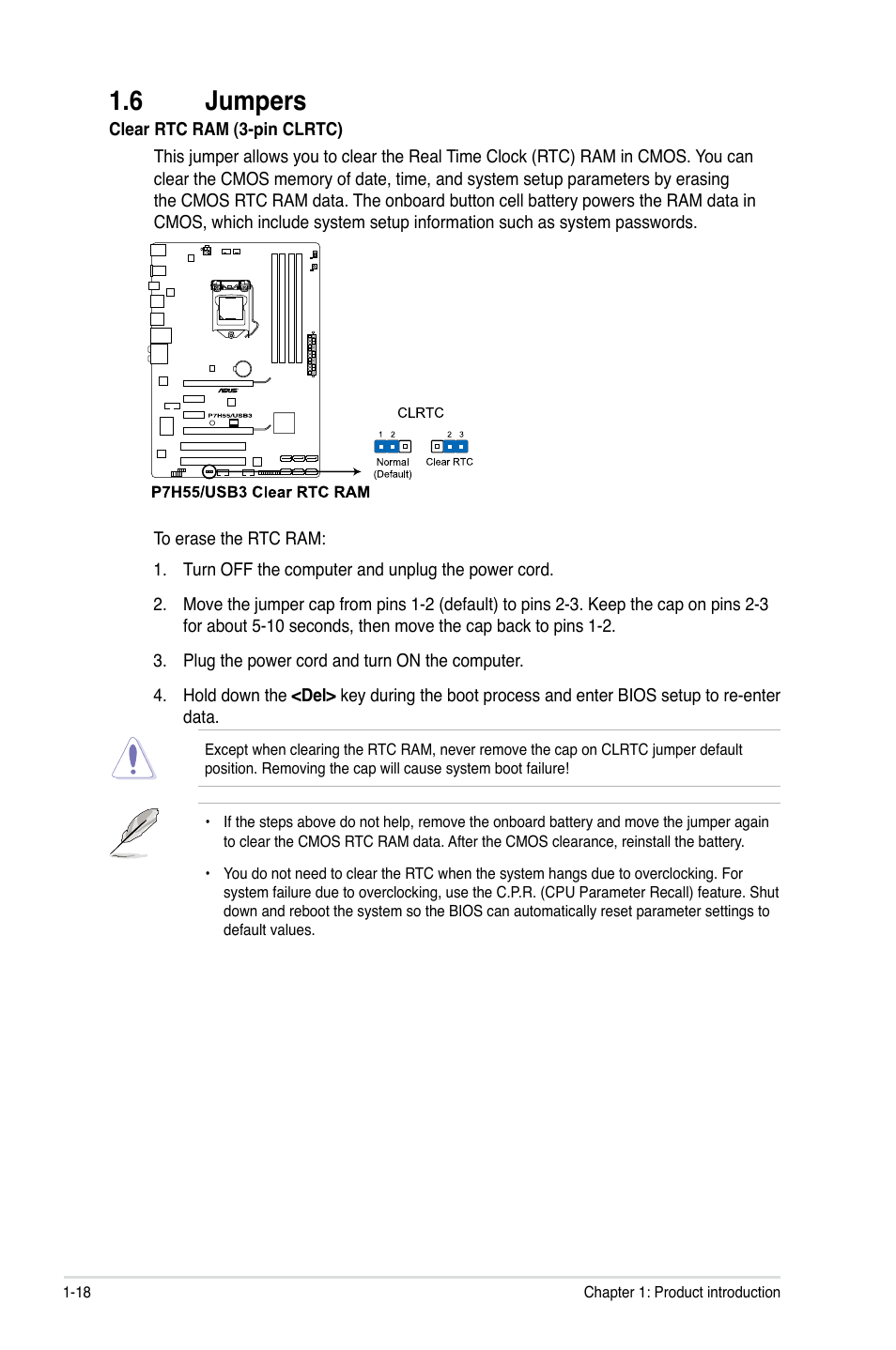 6 jumpers, Jumpers -18 | Asus P7H55/USB3 User Manual | Page 30 / 70