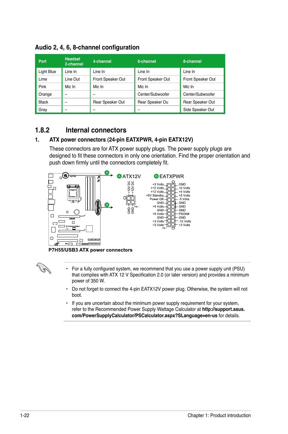 2 internal connectors, Internal connectors -22, Audio 2, 4, 6, 8-channel configuration | Asus P7H55/USB3 User Manual | Page 34 / 70