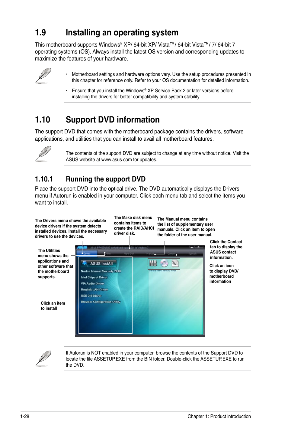 9 installing an operating system, 10 support dvd information, 1 running the support dvd | Installing an operating system -28, 10 support dvd information -28, 1 running the support dvd -28 | Asus P7H55/USB3 User Manual | Page 40 / 70