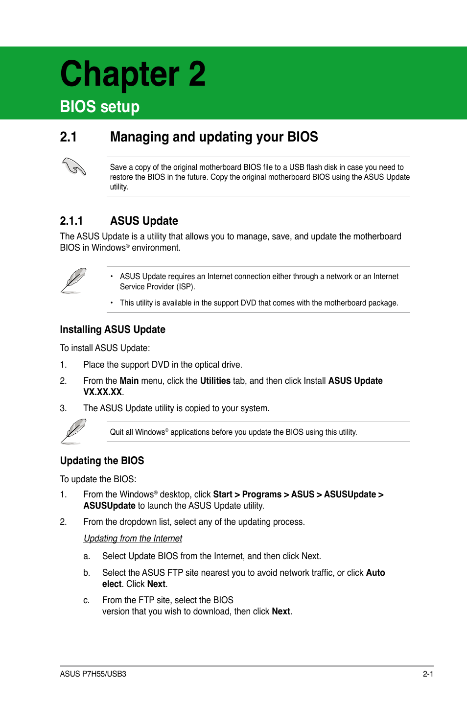 Chapter 2: bios setup, 1 managing and updating your bios, 1 asus update | Chapter 2, Bios setup, Managing and updating your bios -1, Asus update -1 | Asus P7H55/USB3 User Manual | Page 41 / 70