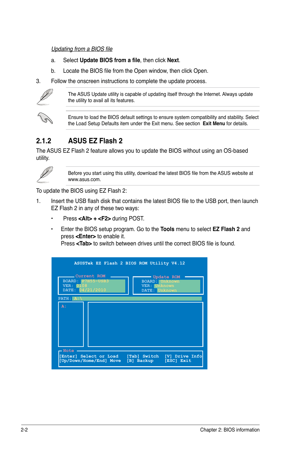 2 asus ez flash 2, Asus ez flash 2 -2 | Asus P7H55/USB3 User Manual | Page 42 / 70