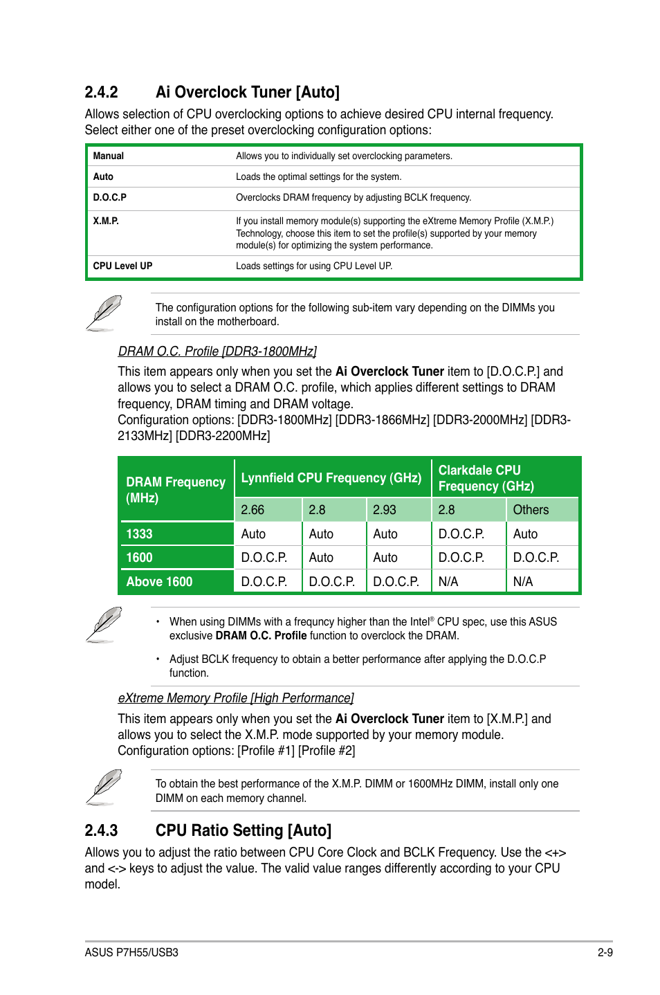 2 ai overclock tuner [auto, 3 cpu ratio setting [auto, Ai overclock tuner -9 | Cpu ratio setting -9 | Asus P7H55/USB3 User Manual | Page 49 / 70