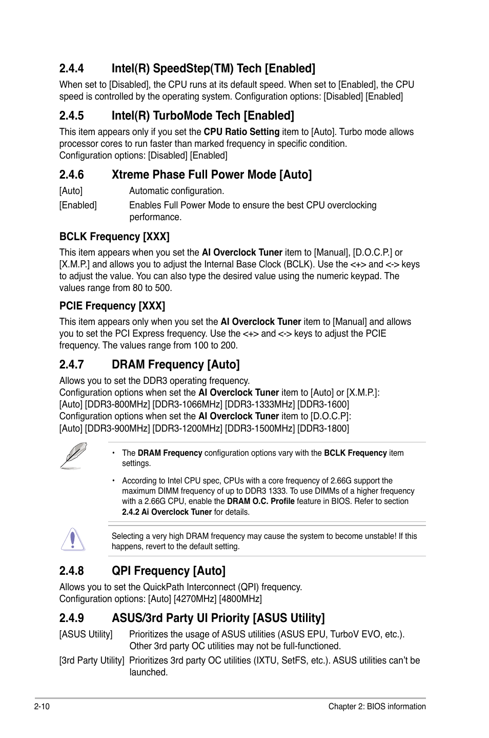 4 intel(r) speedstep(tm) tech [enabled, 5 intel(r) turbomode tech [enabled, 6 xtreme phase full power mode [auto | 7 dram frequency [auto, 8 qpi frequency [auto, 9 asus/3rd party ui priority [asus utility, Intel(r) speedstep(tm) tech -10, Intel(r) turbomode tech -10, Xtreme phase full power mode -10, Dram frequency -10 | Asus P7H55/USB3 User Manual | Page 50 / 70