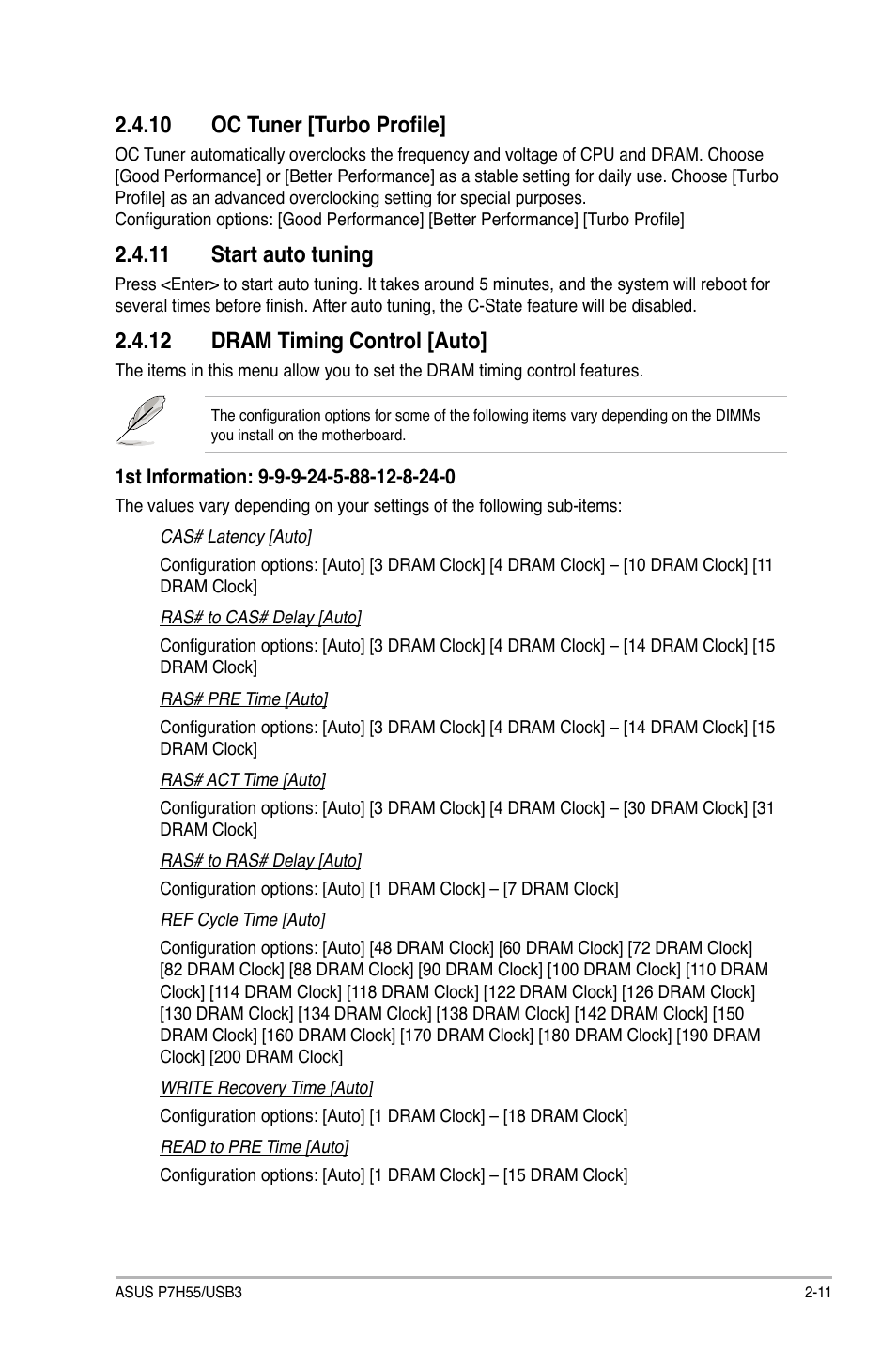 10 oc tuner [turbo profile, 11 start auto tuning, 12 dram timing control [auto | Asus P7H55/USB3 User Manual | Page 51 / 70
