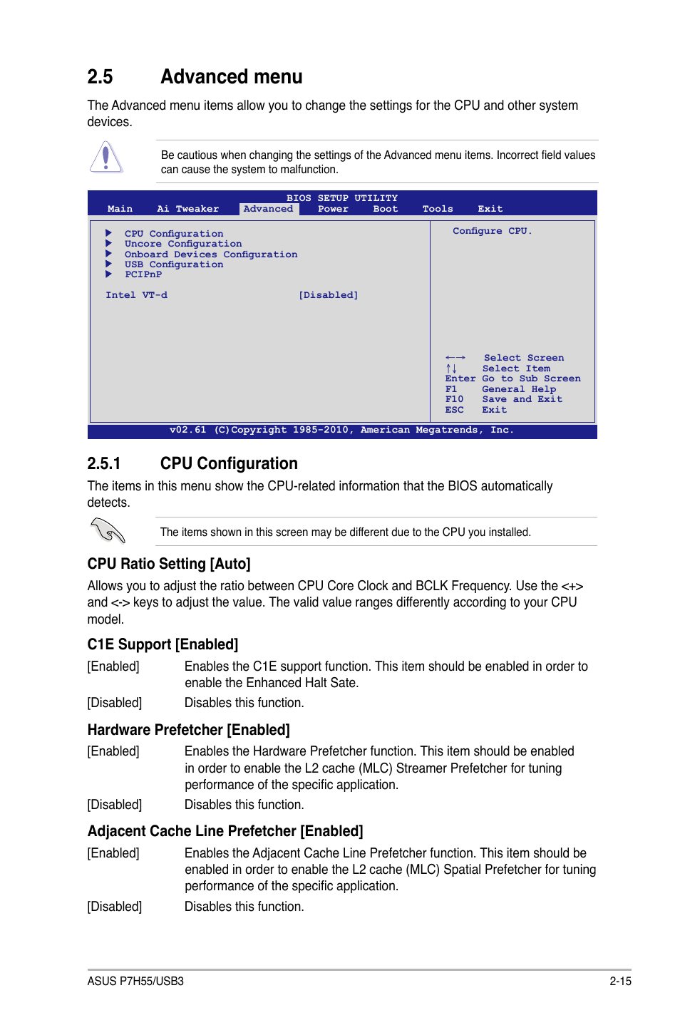 5 advanced menu, 1 cpu configuration, Advanced menu -15 2.5.1 | Cpu configuration -15, Cpu ratio setting [auto, C1e support [enabled, Hardware prefetcher [enabled, Adjacent cache line prefetcher [enabled | Asus P7H55/USB3 User Manual | Page 55 / 70