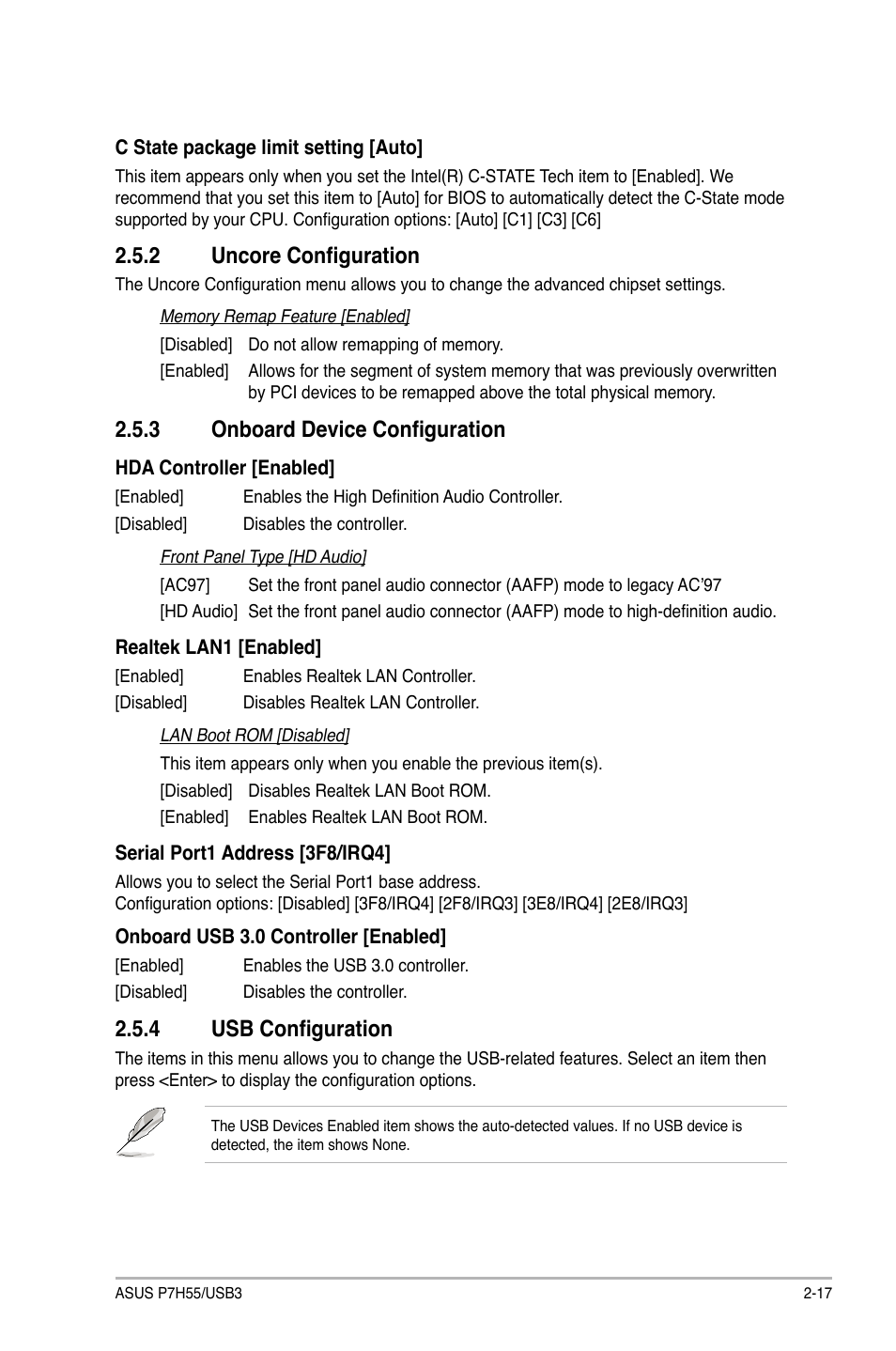 2 uncore configuration, 3 onboard device configuration, 4 usb configuration | Uncore configuration -17, Onboard device configuration -17, Usb configuration -17 | Asus P7H55/USB3 User Manual | Page 57 / 70