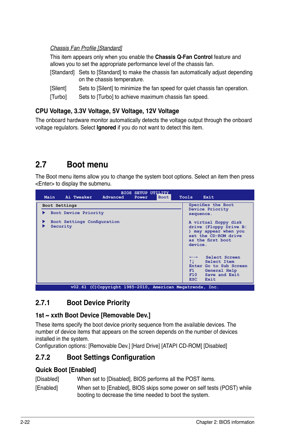 7 boot menu, 1 boot device priority, 2 boot settings configuration | Boot menu -22 2.7.1, Boot device priority -22, Boot settings configuration -22, 1st ~ xxth boot device [removable dev, Quick boot [enabled | Asus P7H55/USB3 User Manual | Page 62 / 70