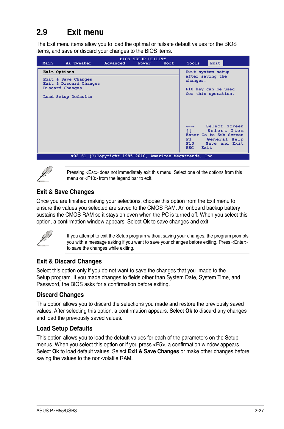 9 exit menu, Exit menu -27, Exit & save changes | Exit & discard changes, Discard changes, Load setup defaults | Asus P7H55/USB3 User Manual | Page 67 / 70