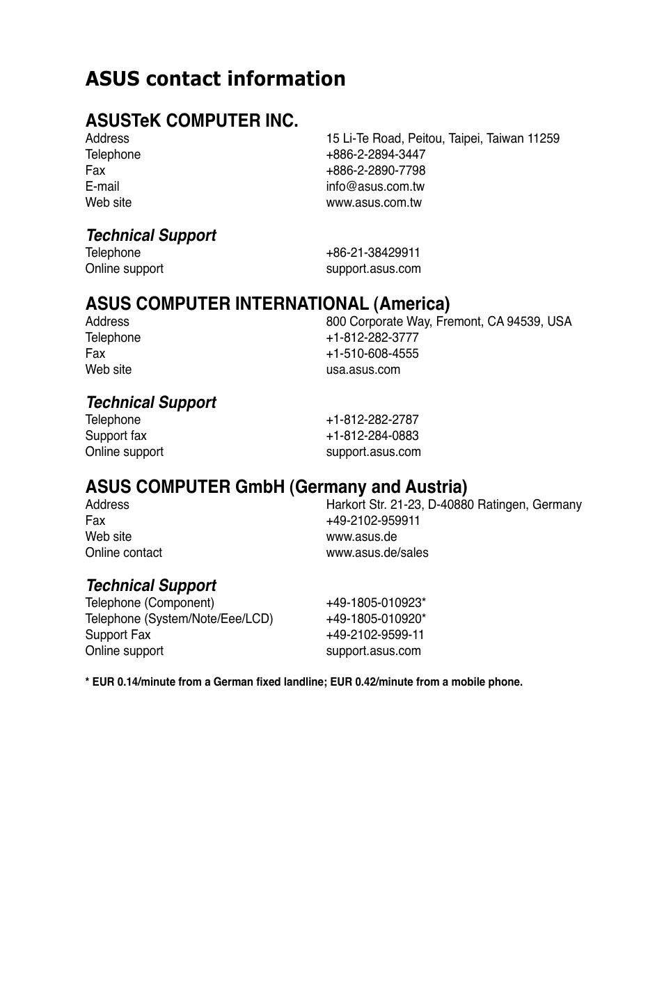 Asus contact information, Asustek computer inc, Asus computer international (america) | Asus computer gmbh (germany and austria), Technical support | Asus P7H55/USB3 User Manual | Page 69 / 70