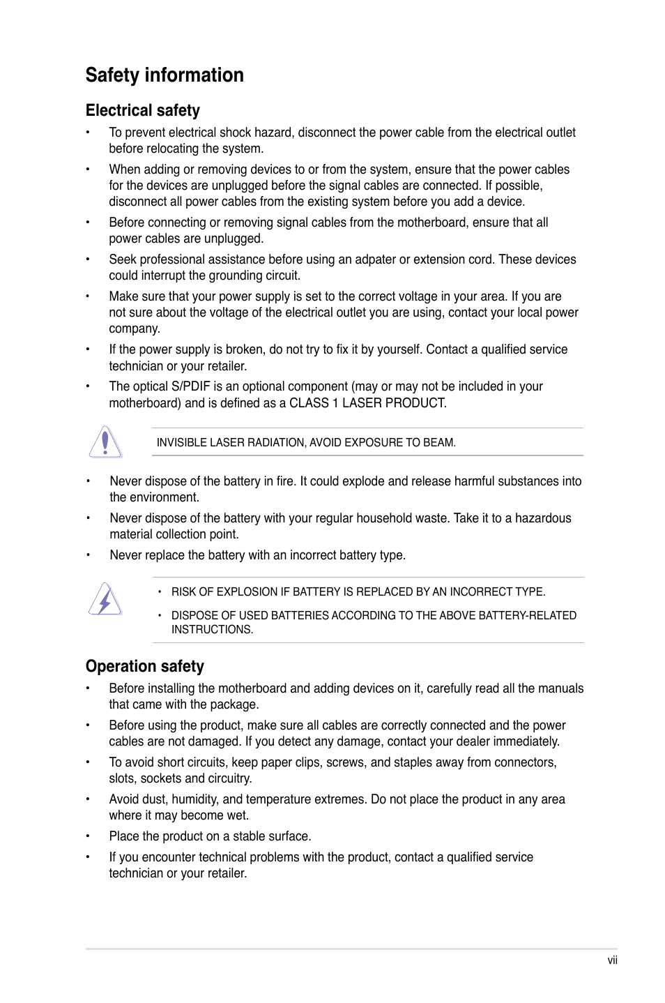 Safety information, Electrical safety, Operation safety | Asus P7H55/USB3 User Manual | Page 7 / 70