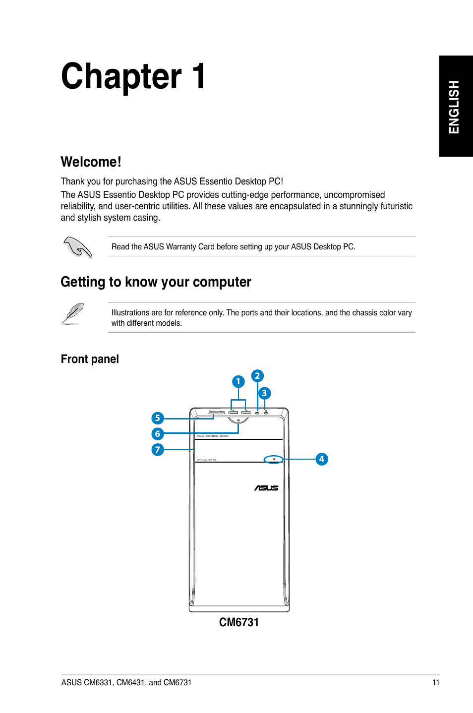 Chapter 1, Getting started, Welcome | Getting to know your computer, Welcome! getting to know your computer | Asus CM6731 User Manual | Page 13 / 478