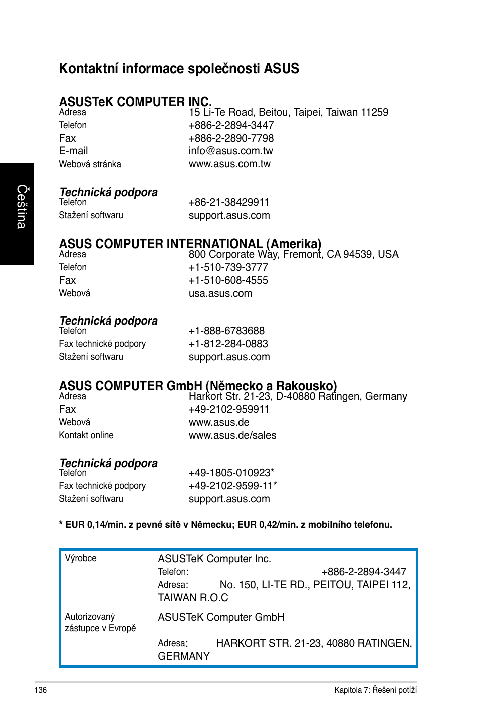 Kontaktní informace společnosti asus, Čeština, Asustek computer inc | Asus computer international �amerika, Asus computer gmbh �německo a rakousko | Asus CM6731 User Manual | Page 138 / 478