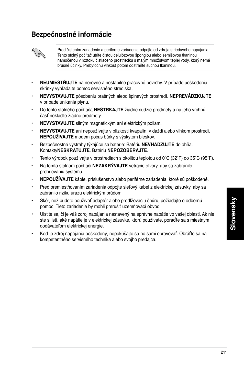 Bezpečnostné informácie, Slovensky | Asus CM6731 User Manual | Page 213 / 478