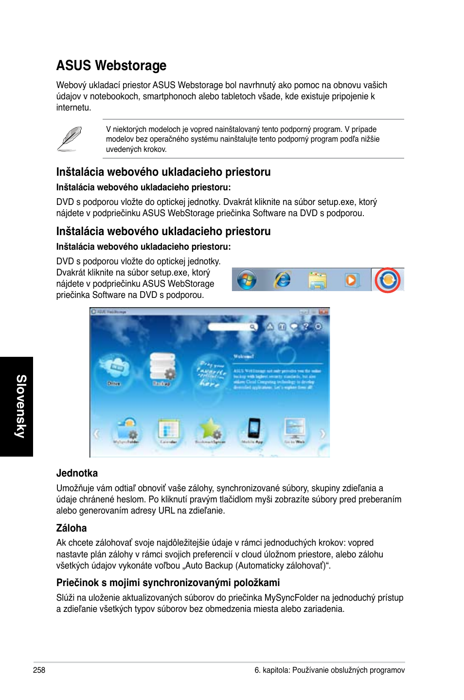 Asus webstorage, Slovensky, Inštalácia webového ukladacieho priestoru | Asus CM6731 User Manual | Page 260 / 478