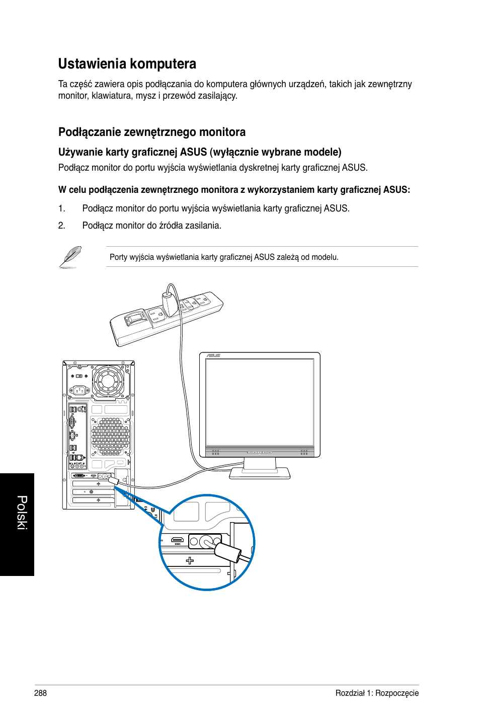 Ustawienia komputera, Polski, Podłączanie zewnętrznego monitora | Asus CM6731 User Manual | Page 290 / 478