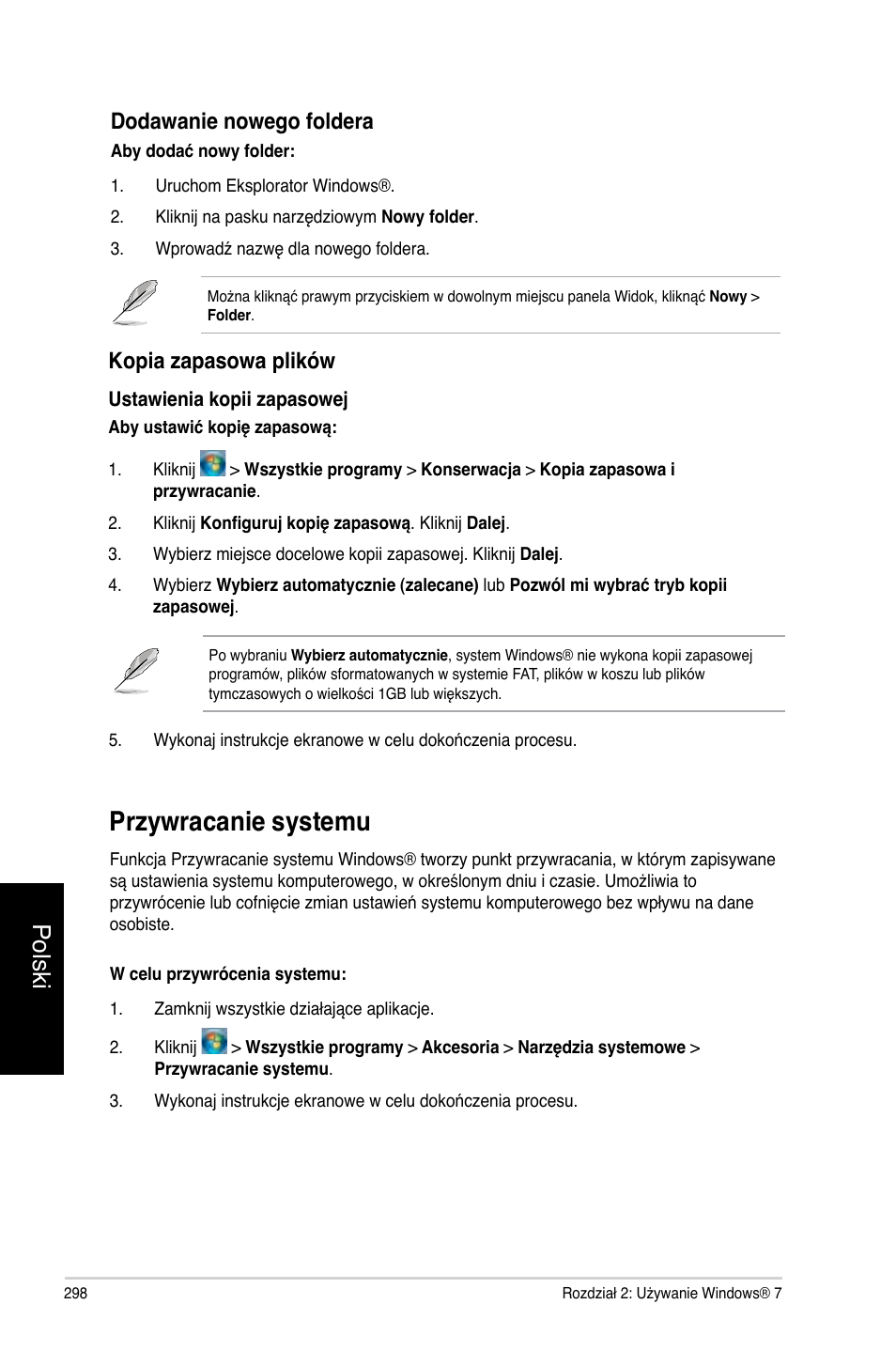 Przywracanie systemu, Polski, Dodawanie nowego foldera | Kopia zapasowa plików | Asus CM6731 User Manual | Page 300 / 478