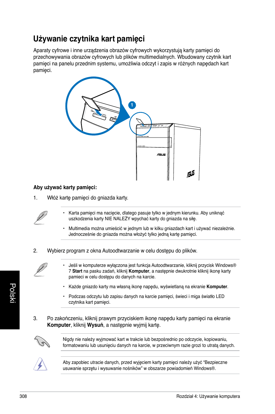 Używanie czytnika kart pamięci, Polski | Asus CM6731 User Manual | Page 310 / 478