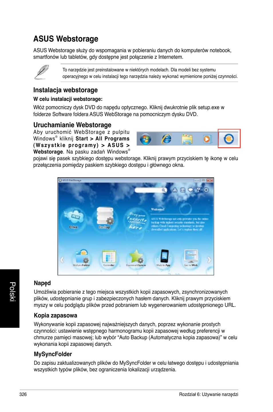 Asus webstorage, Asus webstorage 6, Polski | Instalac�a webstorage, Uruchamianie webstorage | Asus CM6731 User Manual | Page 328 / 478