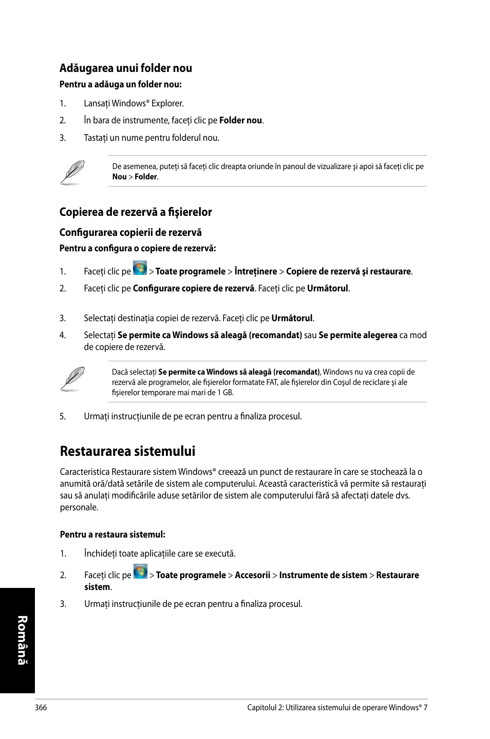 Restaurarea sistemului, Restaurarea.sistemului, Română | Adăugarea.unui.folder.nou, Copierea.de.rezervă.a.��şierelor | Asus CM6731 User Manual | Page 368 / 478