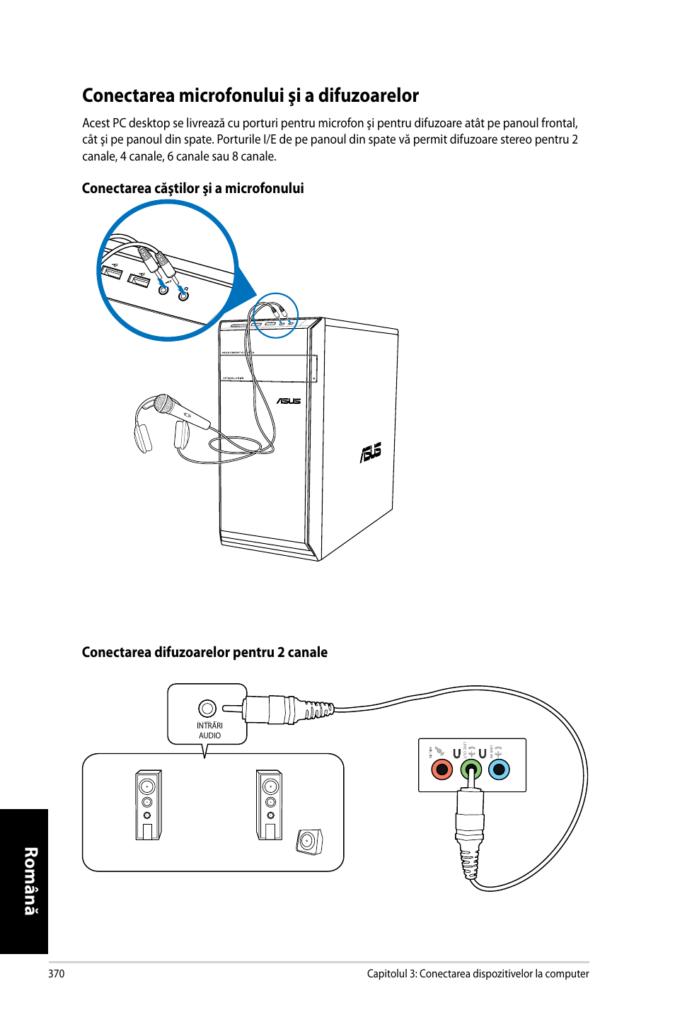 Conectarea microfonului şi a difuzoarelor, Conectarea.microfonului.şi.a.difuzoarelor, Română | Asus CM6731 User Manual | Page 372 / 478