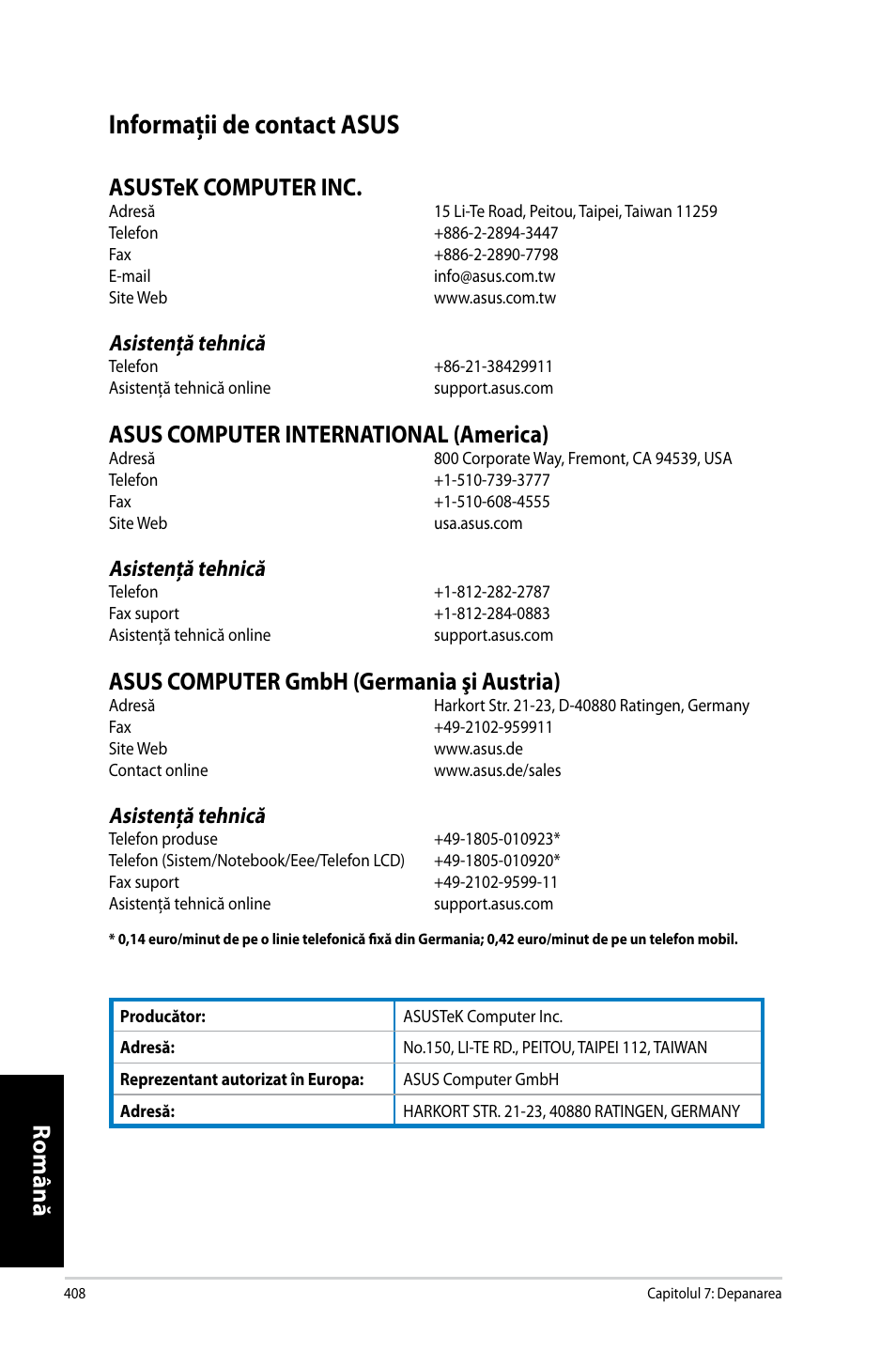 Informaţii de contact asus, Informaţii.de.contact.asus, Română | Asistenţă.tehnică | Asus CM6731 User Manual | Page 410 / 478