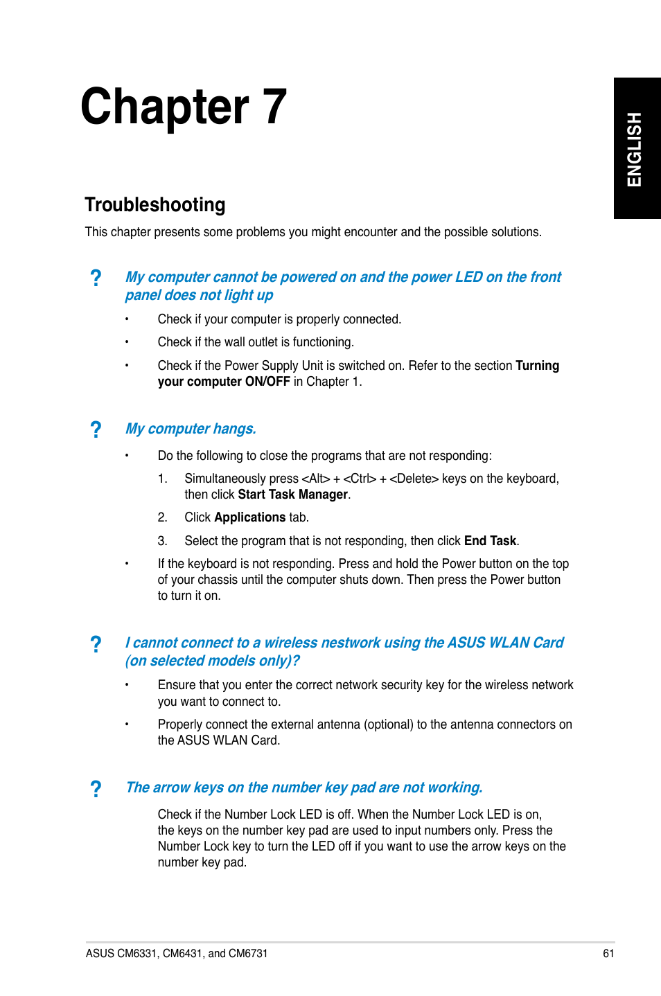 Chapter 7, Troubleshooting | Asus CM6731 User Manual | Page 63 / 478