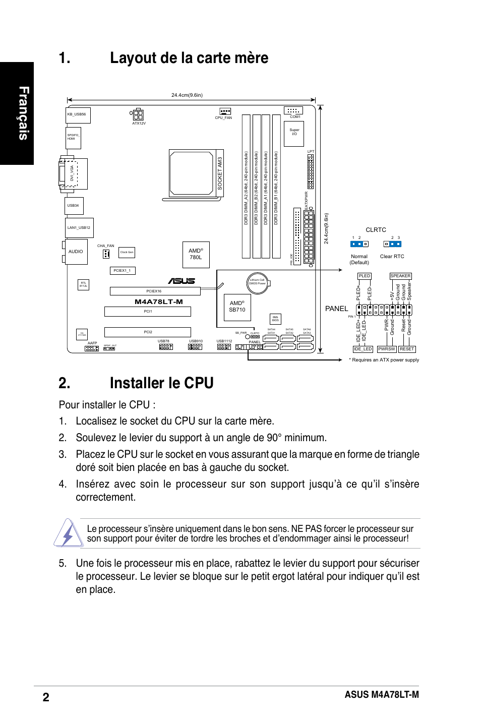 Installer le cpu, Layout de la carte mère, Français | Asus m4a78lt-m, Panel | Asus M4A78LT-M User Manual | Page 2 / 42