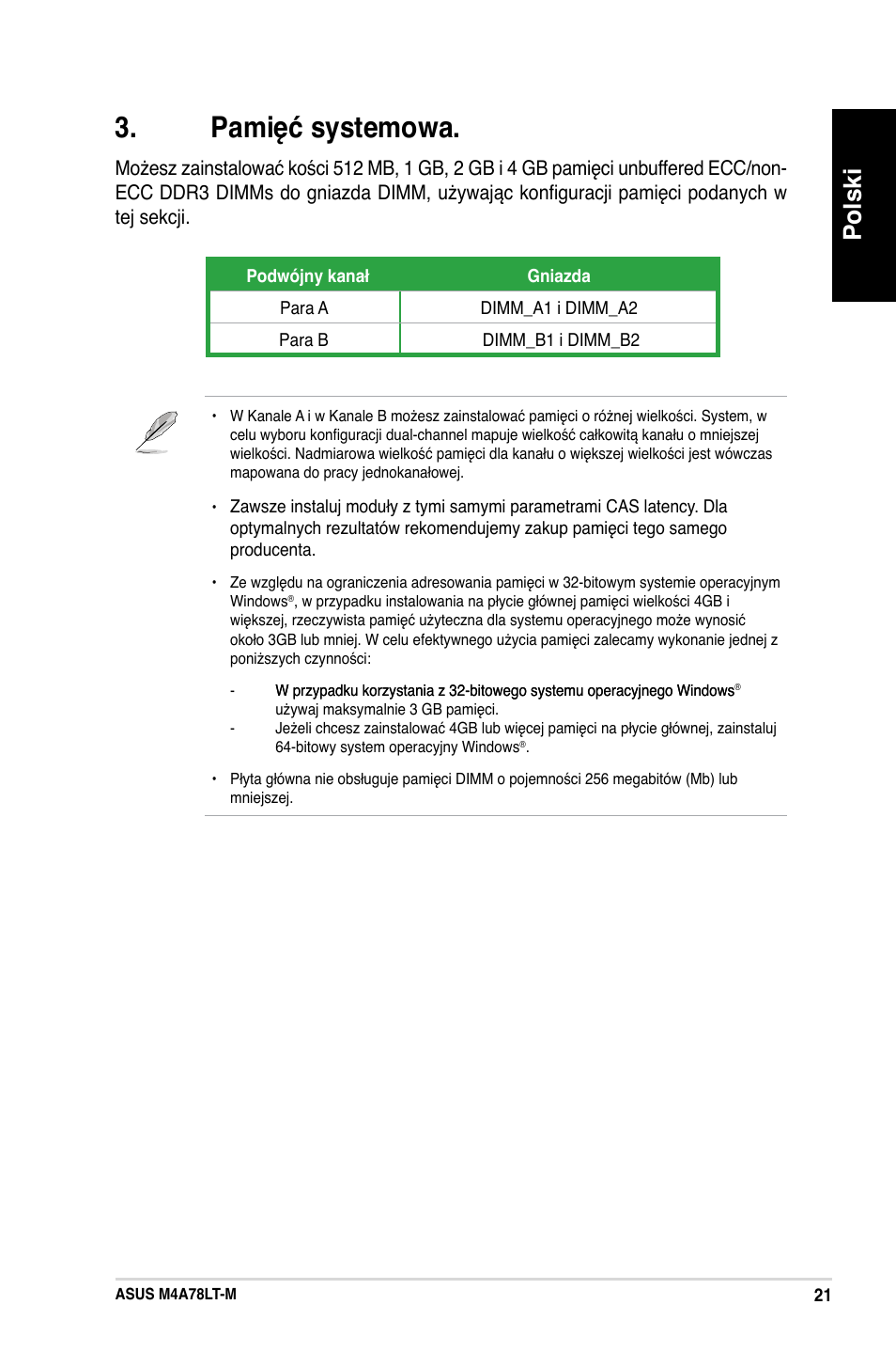 Pamięć systemowa, Polski | Asus M4A78LT-M User Manual | Page 21 / 42