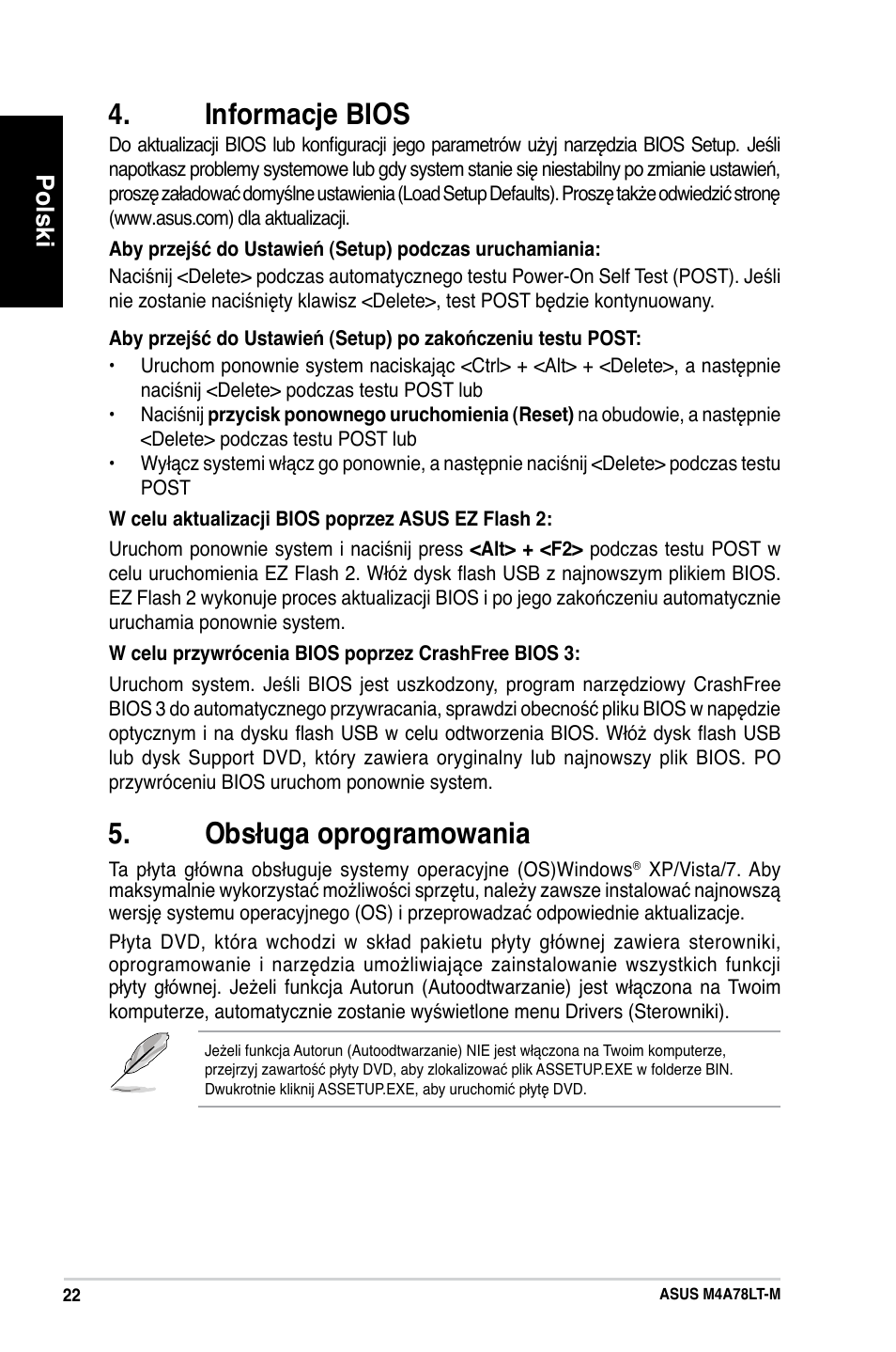 Informacje bios, Obsługa oprogramowania, Polski | Asus M4A78LT-M User Manual | Page 22 / 42