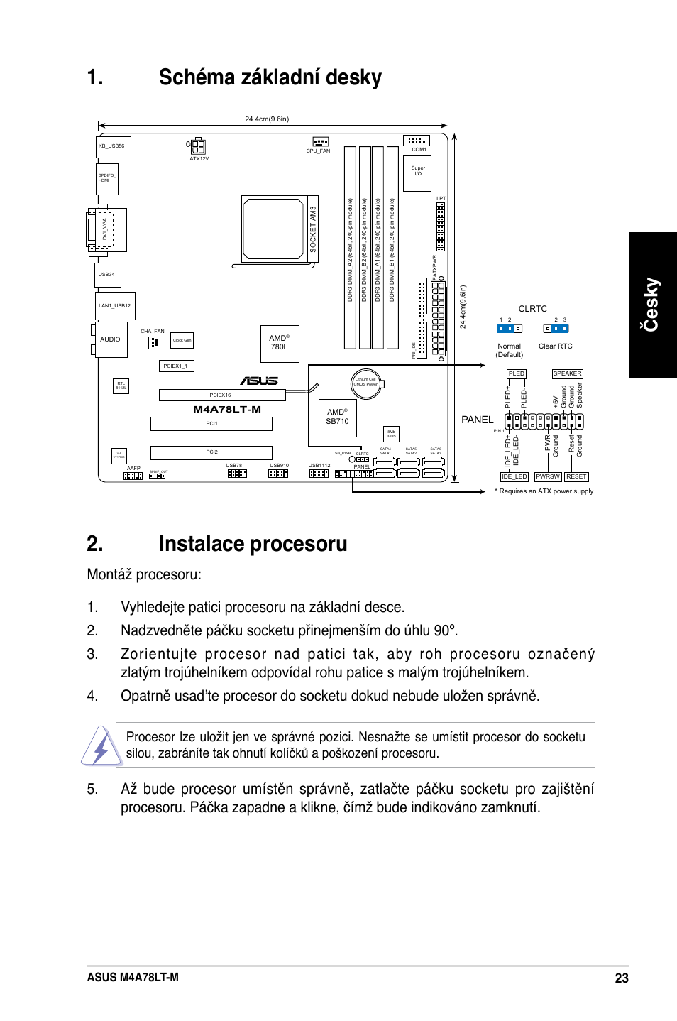 Schéma základní desky 2. instalace procesoru, Česky, Asus m4a78lt-m | Panel | Asus M4A78LT-M User Manual | Page 23 / 42