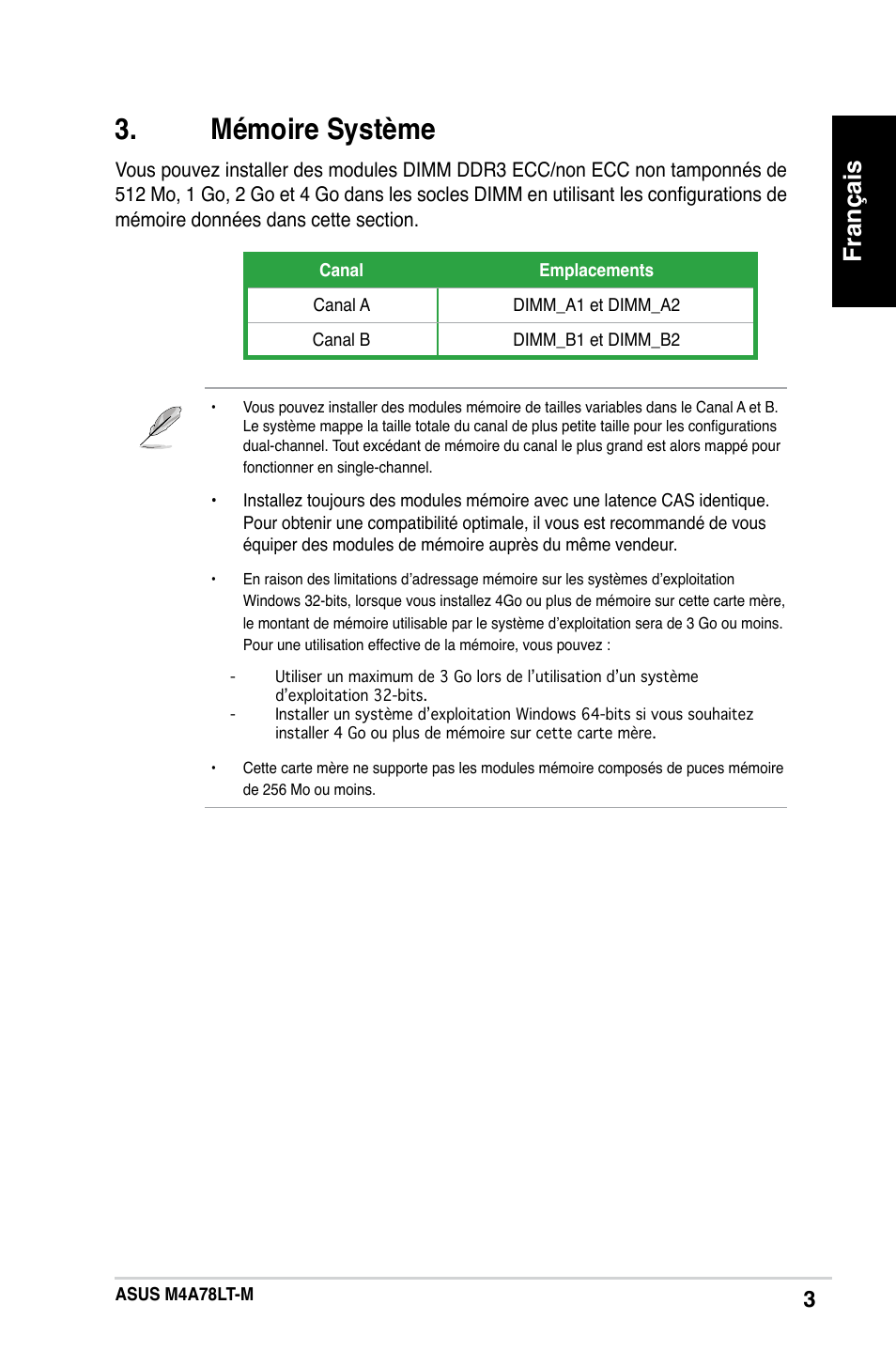 Mémoire système, Français | Asus M4A78LT-M User Manual | Page 3 / 42