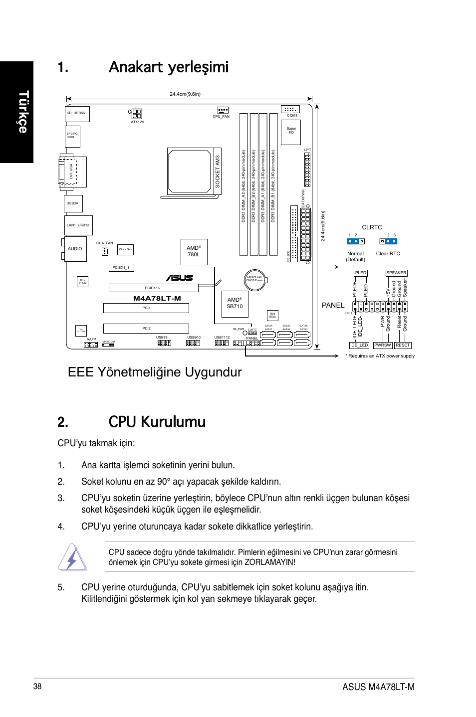 Anakart yerleşimi 2. cpu kurulumu, Türkçe, Eee yönetmeliğine uygundur | Asus m4a78lt-m, Panel | Asus M4A78LT-M User Manual | Page 38 / 42